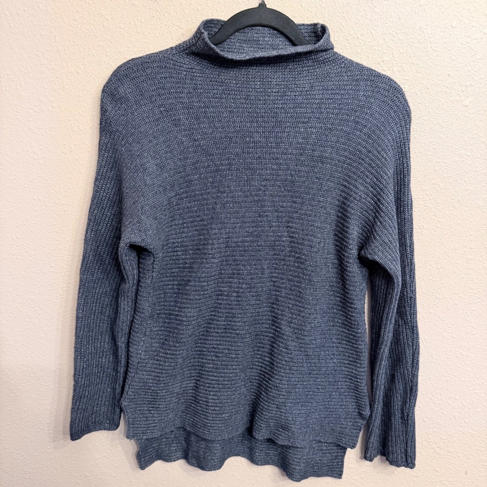 Bartolini Italy Wool Cashmere Mock Neck Sweater Blue Ribbed High Low Hem Medium